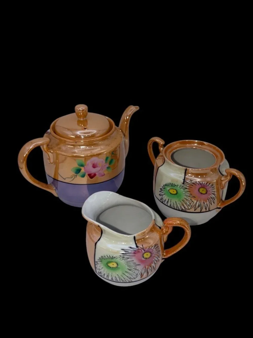 Vintage Japanese Lusterware Tea Set – Teapot, Sugar Bowl & Creamer Takito Era